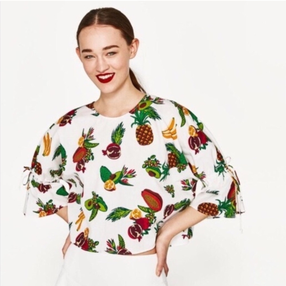 ZARA Fruit Print White Top
